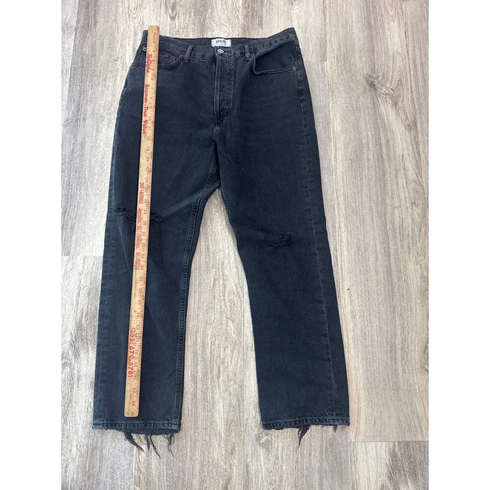 Agolde Riley High Rise Straight Leg Jeans Faded Black Distressed Size 30